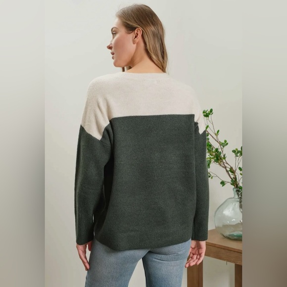 59. Ali Contrast Colorblock Knit Crewneck Hunter Beige Pullover Sweater - Picture 3 of 3